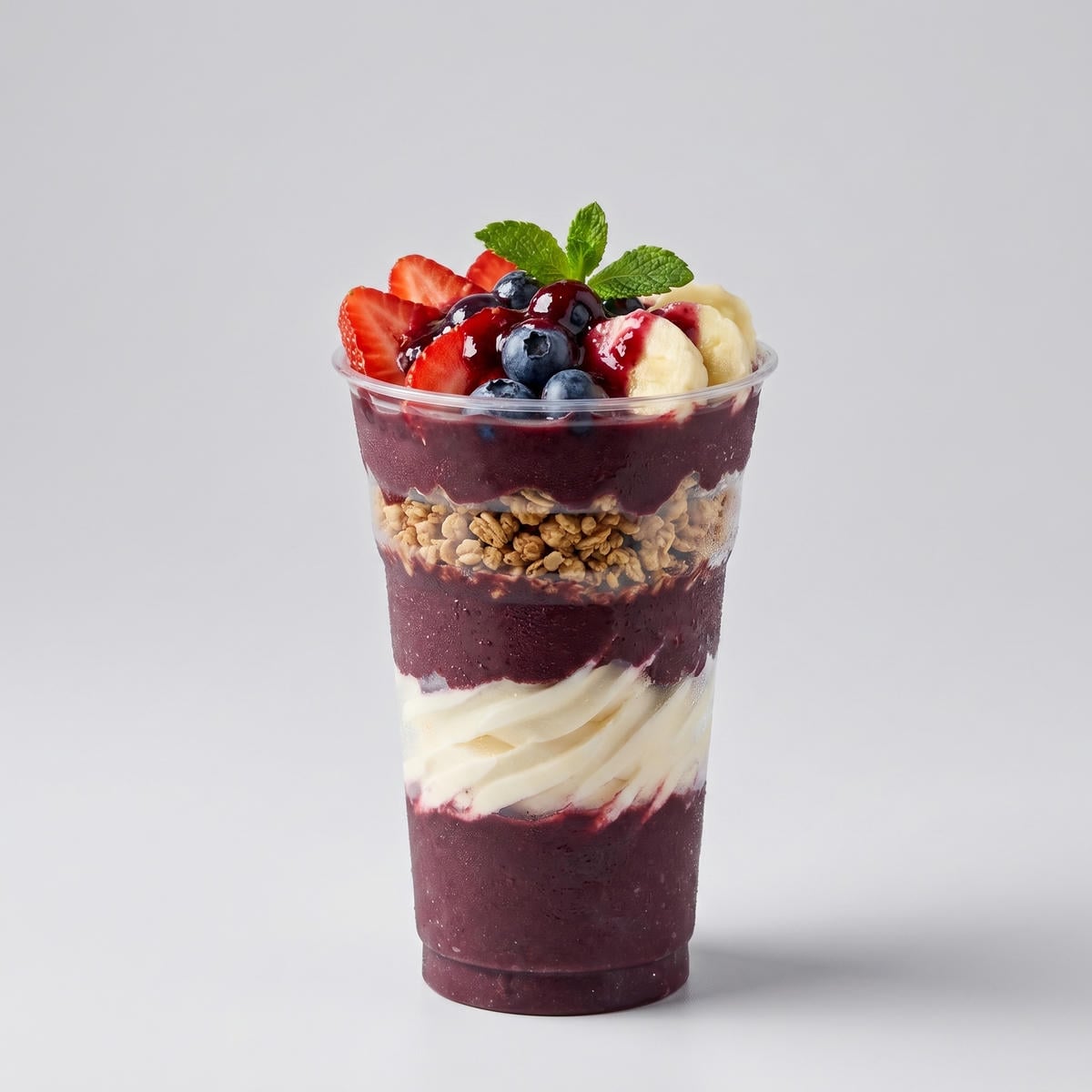 Geschichteter Açaí-Becher mit Früchten und Granola
